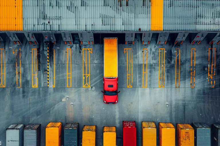 Vista aérea cenital de un centro logístico de cross docking, con un camión maniobrando entre hileras de contenedores de carga y muelles de carga.